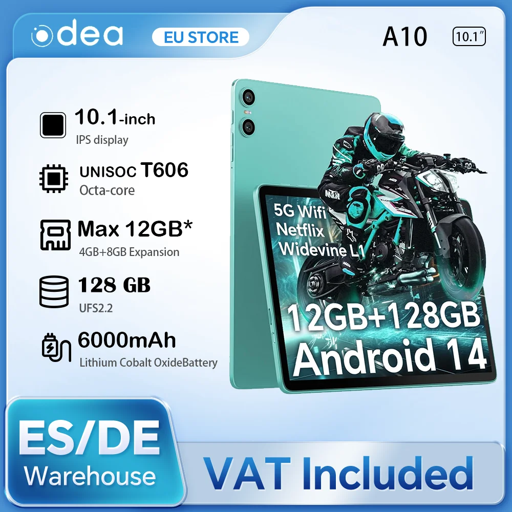 Odea A10 Tablet 10.1 IPS Android 14 T606 Octa-core Max 12GB(4GB + 8GB) RAM 128GB ROM Type-C Widevine L1 auricolare Jack Face Unlock