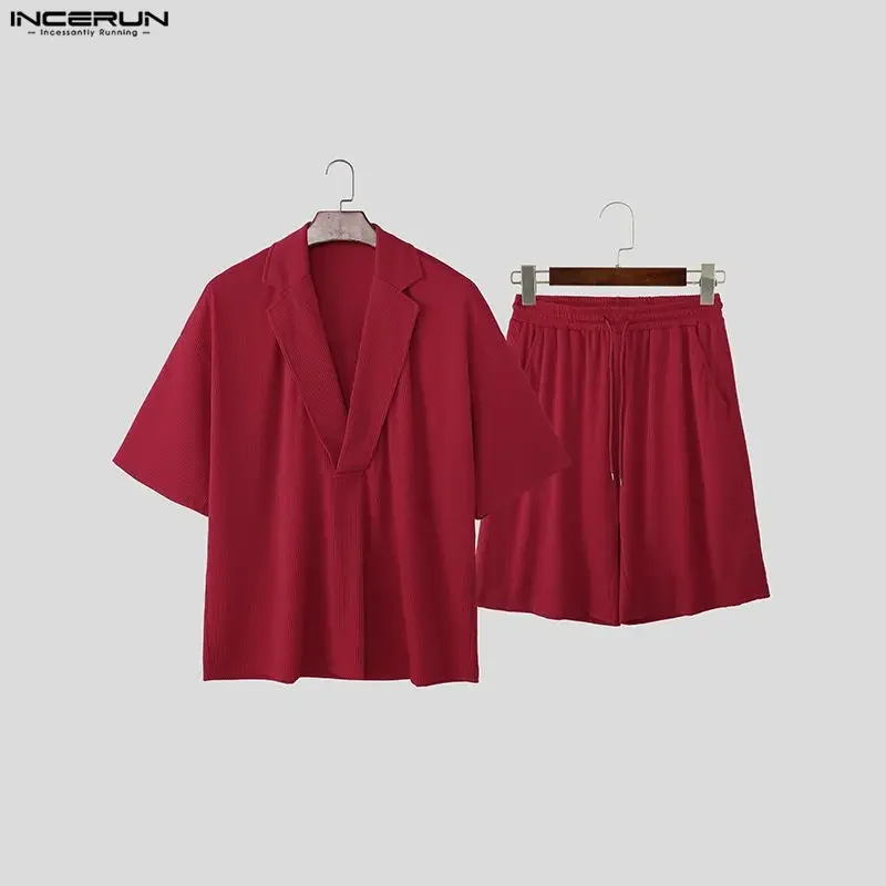 INCERUN Men Sets Solid Color Lapel Short Sleeve Shirt & Shorts Two Pieces Sets Streetwear Loose 2026 Summer Fashion Men's Suits