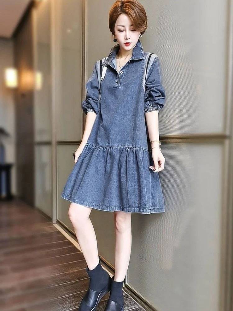Flattering Defined Waist Denim Dress 2026 Fall Heavyweight Youthful Chic Long Sleeve Thick Casual Daily Refined Fit Versatile
