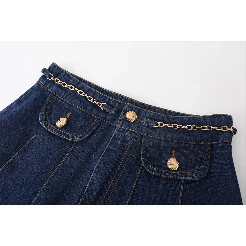 French Elegant Retro Denim Sets Lapel Single-breasted Jacket High Waist Chain Pleated Mini Skirts Two-piece Sets Women Autumn