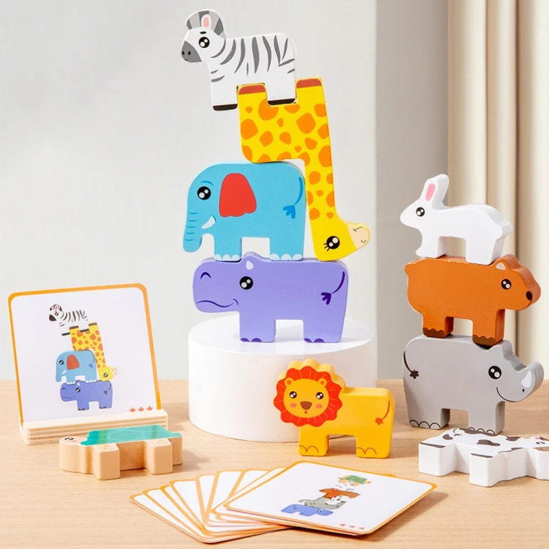 Montessori blocos de construção educacionais brinquedos crianças cognitivo aprendizagem precoce equilíbrio empilhamento bloco jogo de madeira floresta animais conjunto