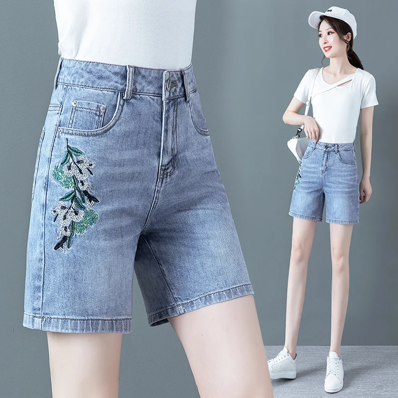 

Trendy High Waist Short Jeans Women's Summer New Thin Straight Stitch Five-Point Medium Cotton Polyester Spandex Elastic Fiber