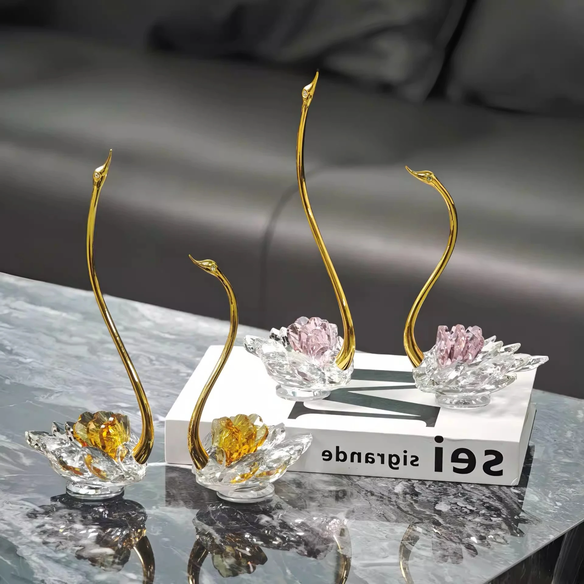 Crystal Swan Figurine Simulated Swan Sculpture Couple Birds Metal Handicrafts Decorative Figurines Home Decoration Accessories