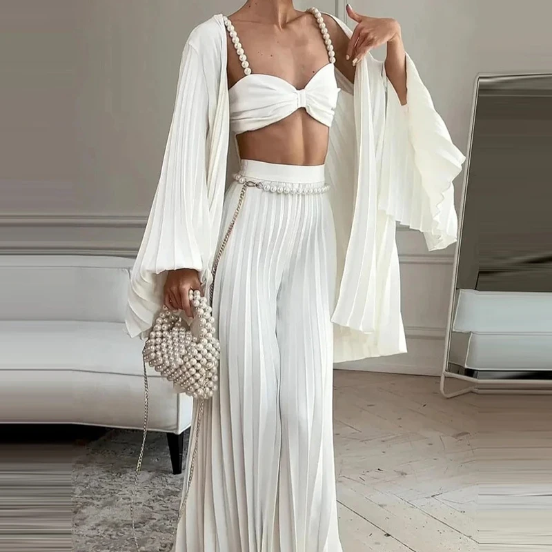 

Белый камзол, плиссированный жилет, кардиган, модный комплект из трех предметов, новые повседневные домашние широкие брюки, висящий плиссированный комплект