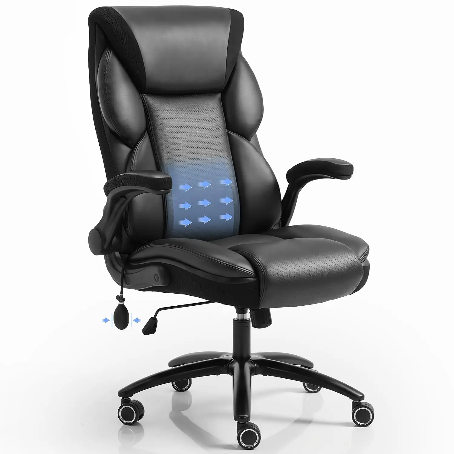 Ergonomic High Back Office Chair, Adjustable Lumbar & Flip Arms, Heavy Metal Base, Breathable Leather, Thick Padded, Customized