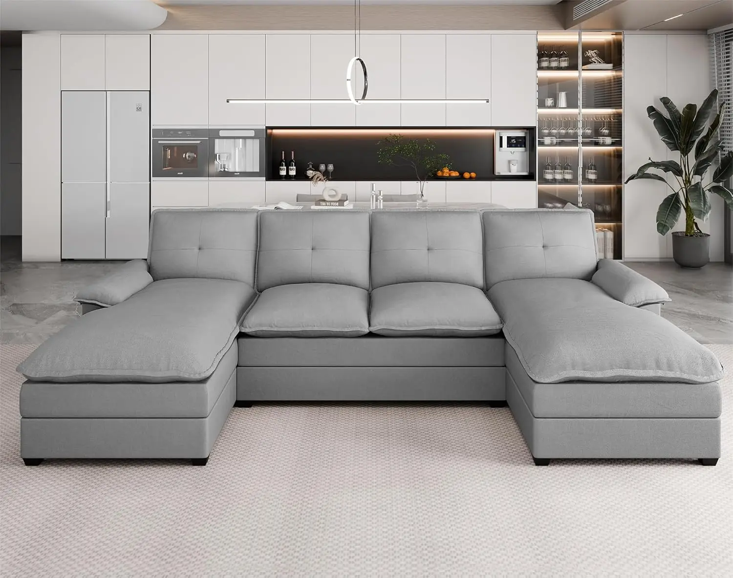 Sofa seksi untuk ruang tamu, Sofa bentuk U, Set Sofa 4 tempat duduk dengan kaca ganda, Sofa bagian Modular kain Modern