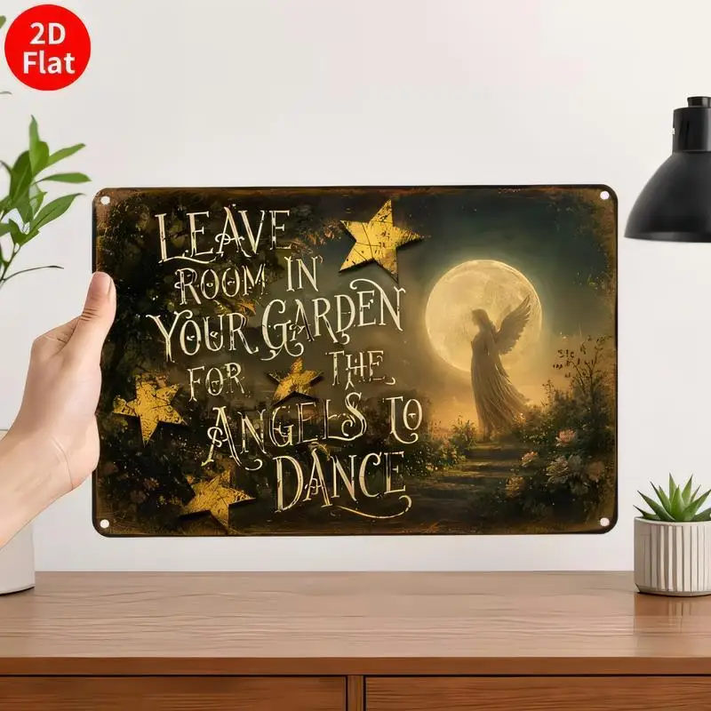 2D Flat Vintage Metal Tin Sign - Leave Room for Angels to Dance Retro Rustic Angel & Moon Design, Iron Wall Art for Garden & Hom