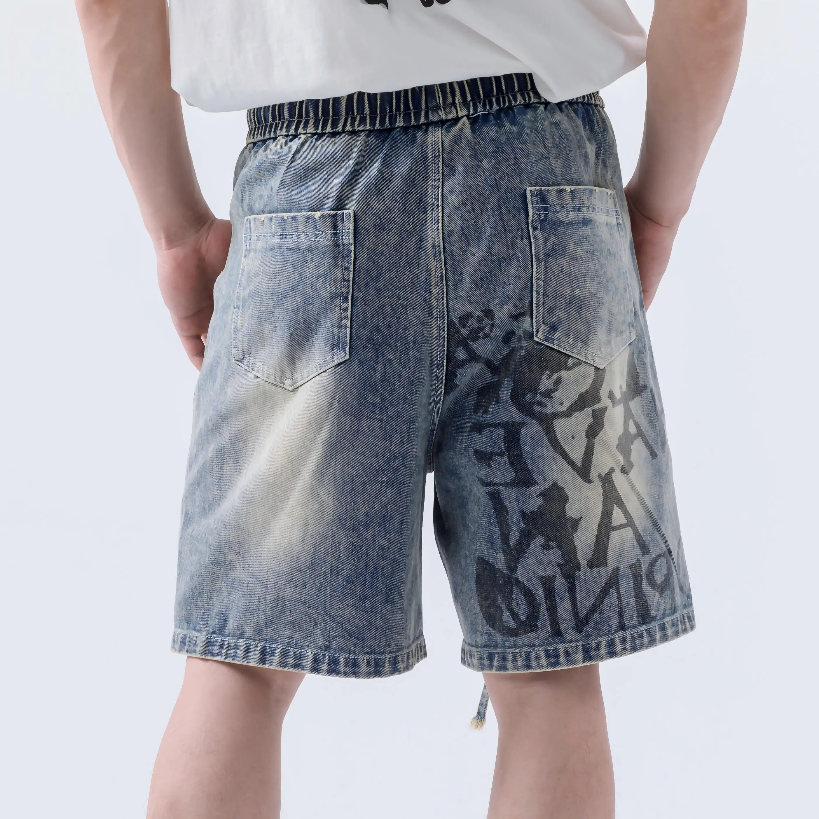 Heavyweight Distressed Vintage Letter Distressed Print Baggy Mid-length Pants Denim Shorts American Retro Knee-length Jean