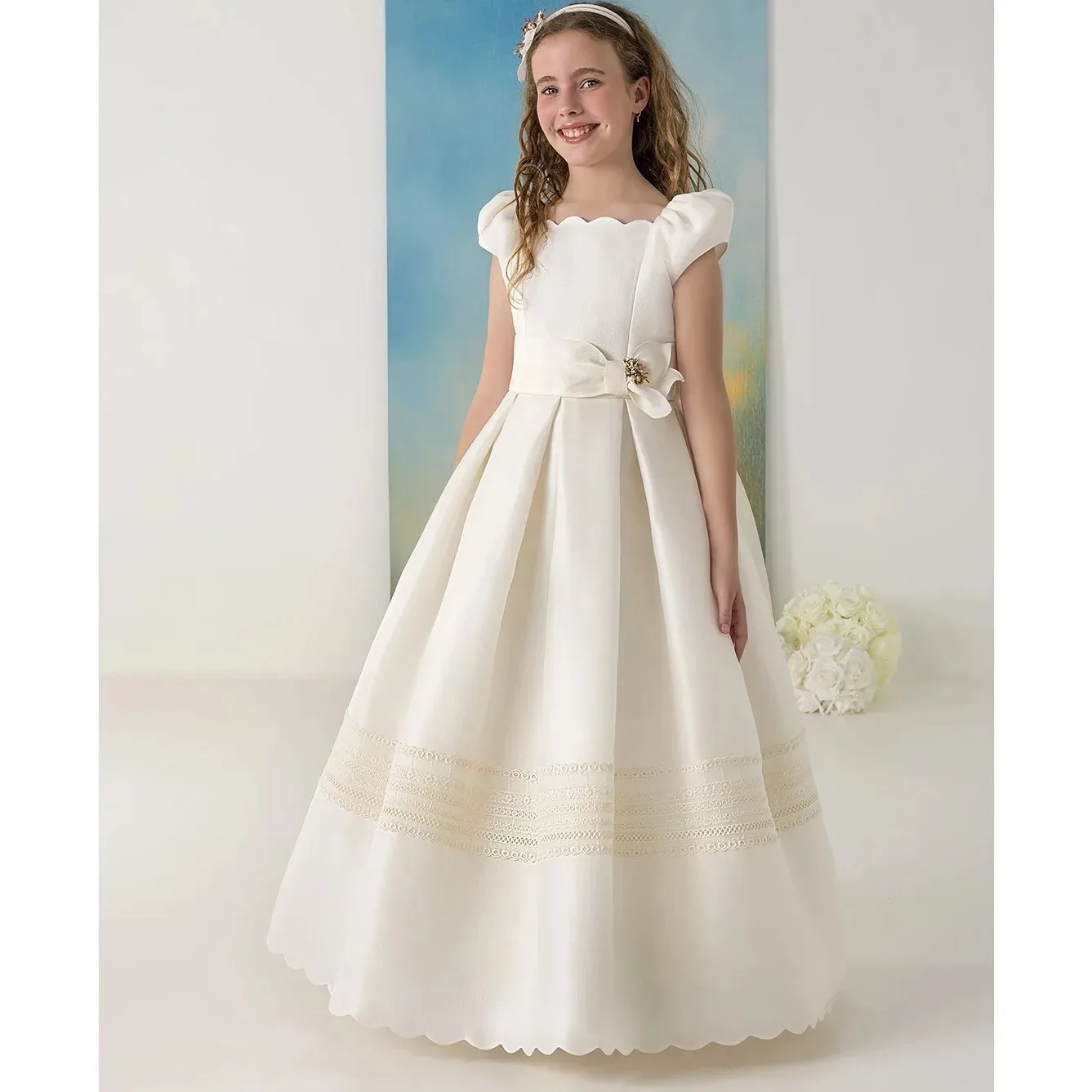 Custom Elegant White Sheer Lace Children's First Communion Dress for Girls Wedding Birthday Party Evening Dress