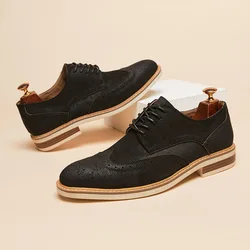 Man Derby Shoes Genuine Split Suede Leather Full Brogue Long Wing Dress Business Men Casual Comfortable Wedding Party Suits