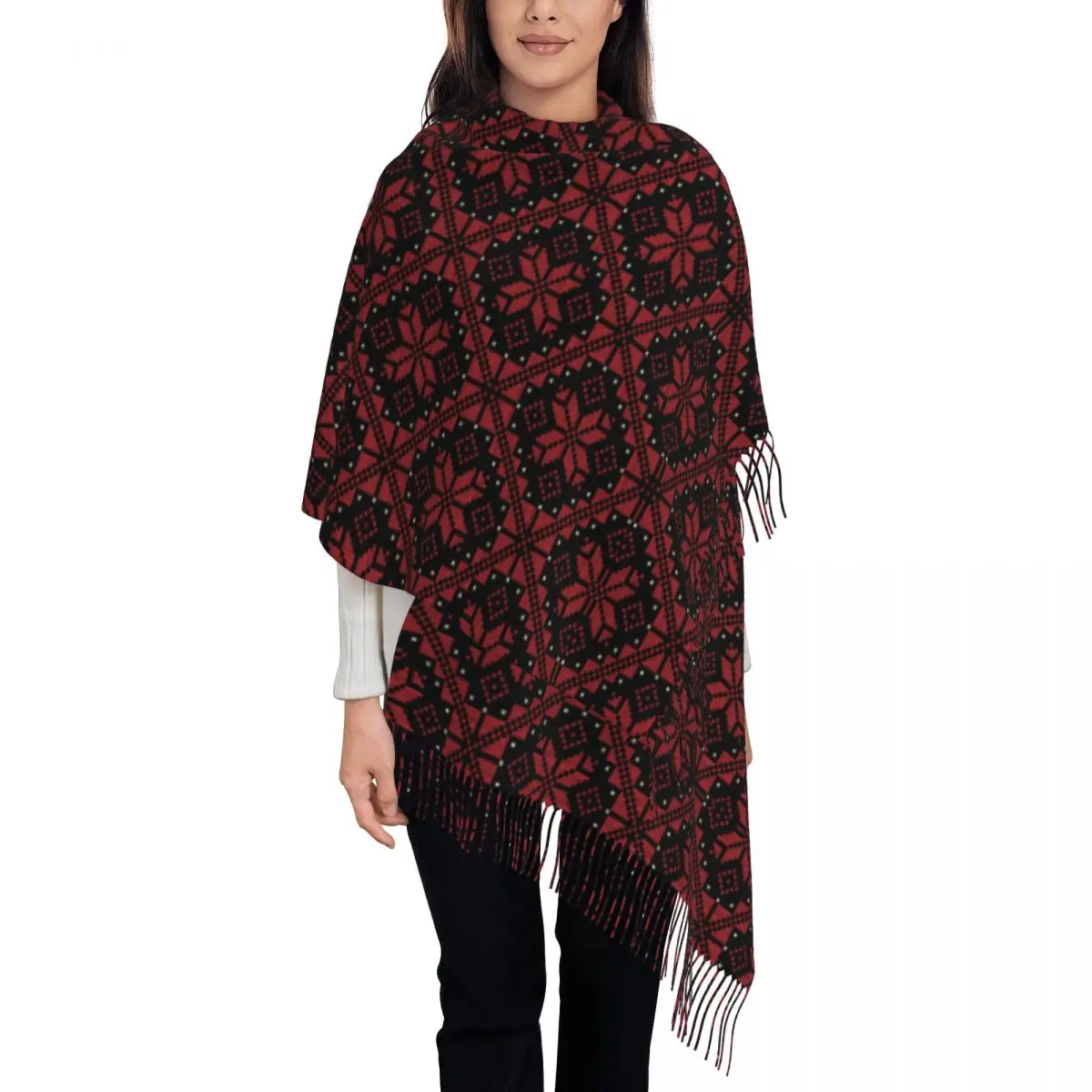 Women's Scarf with Tassel Palestinian Jordanian Tatreez Long Winter Warm Shawl Wrap Palestine Daily Wear Pashmina Scarves