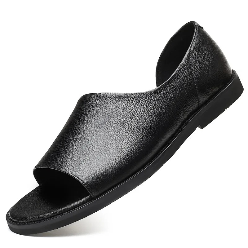 Genuine Leather Shoes Men Sandals 2023 Summer Cow Leather Mens Sandals Flat Non-slip Male Holiday Shoes Black Slip-on A4389