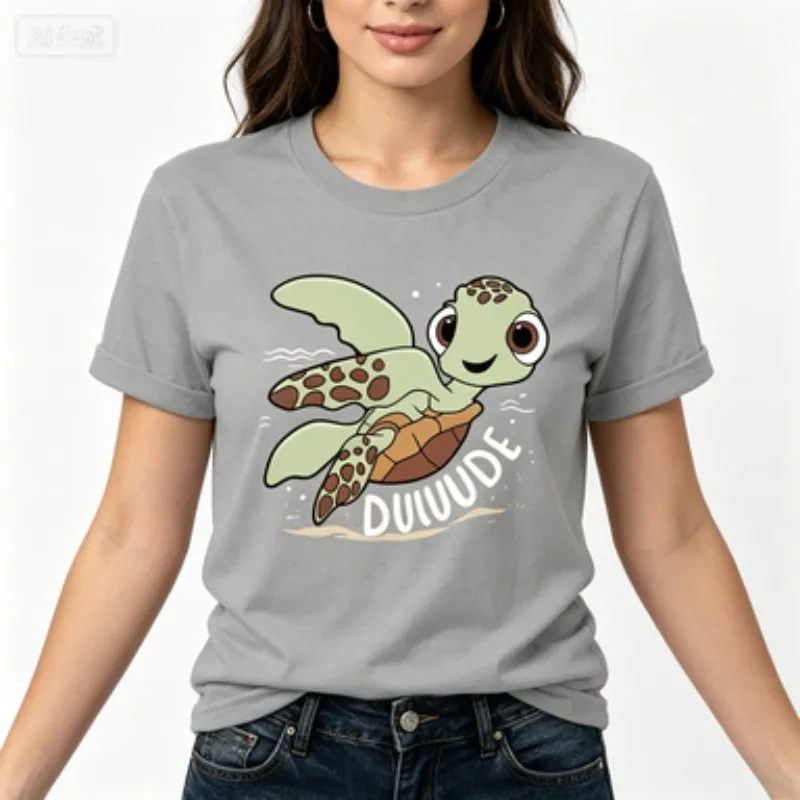 Women Kawaii Marine‑style Cotton Tee Adorable Cartoon Tortoise Art Print Soft‑fit Round Neck Casual Daily Ladies Tops