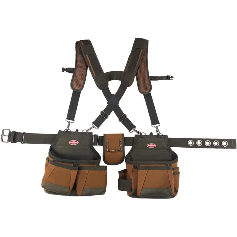 AirLift Tool Belt with Suspenders, Tool Belts - Series (50100) with 12 pockets, Brown , 52 Inch