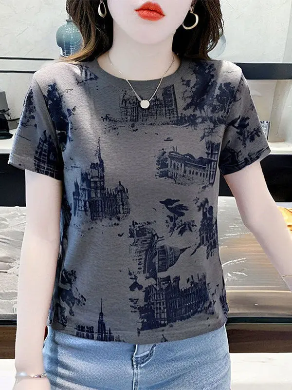 

Loose Women's T-Shirt Short Sleeve UV Protection Clothing Fashionable Print Versatile Ladies' Top Shoulder-Length Fit Summer ...