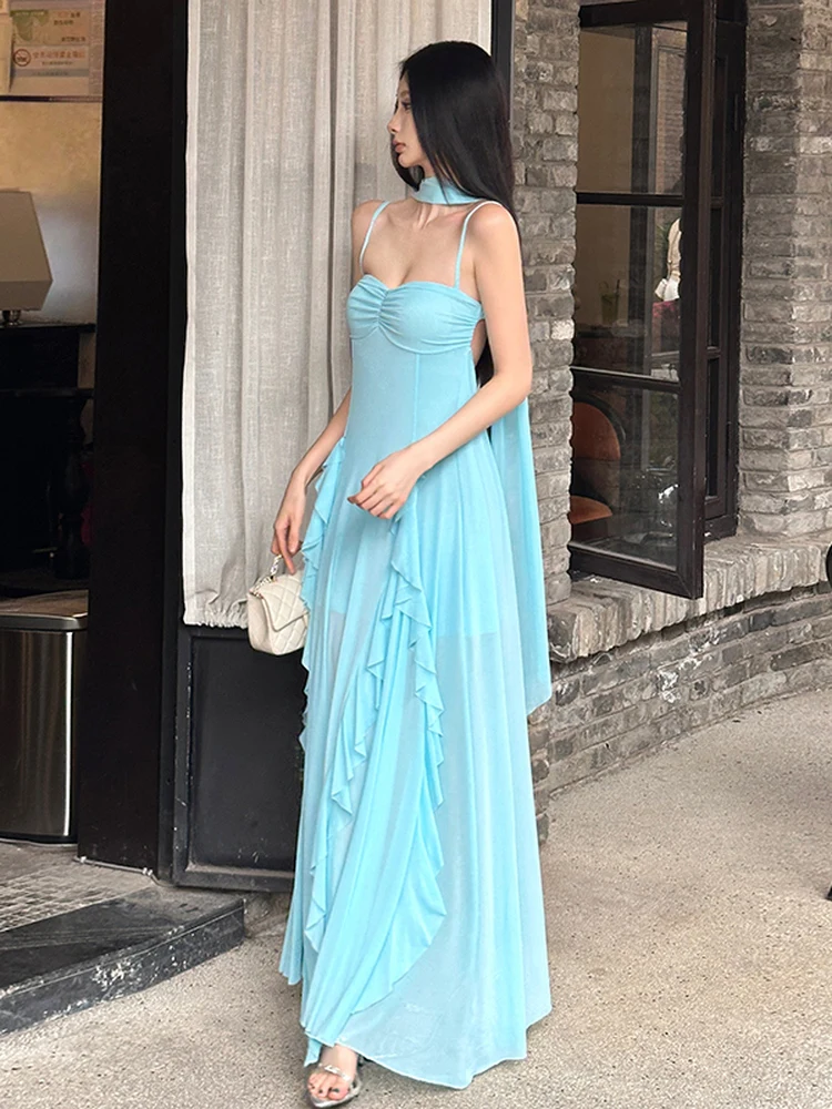 Mint Cool Fairy Girl Blue Tone Strapl Long Dr Women's Sa Drifting Gown Sweet Sle Svel Summer Season Polyester...