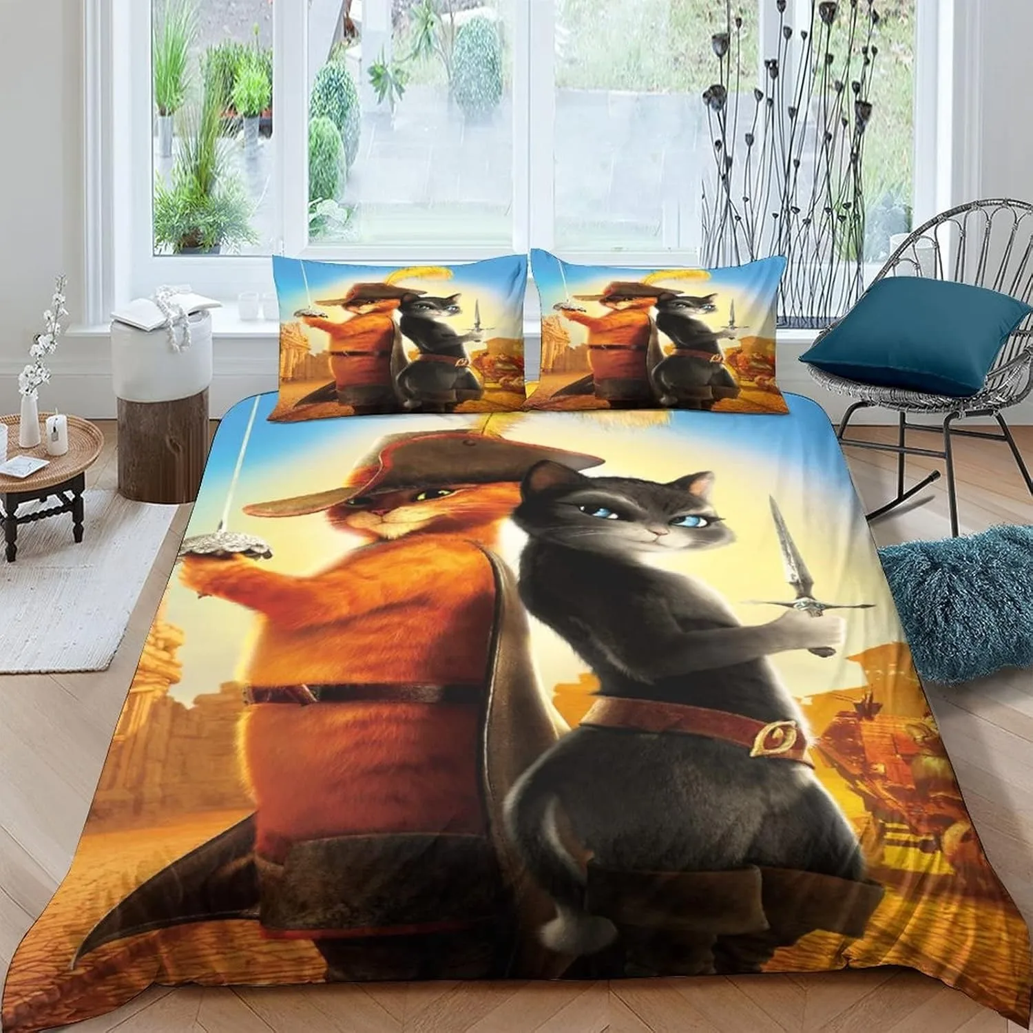 Cartoon Cat Duvet Cover Pillowcase Puss in Boots Bedding Set Adult Boy Girl Bedroom Decoration Children Single Double Large Size