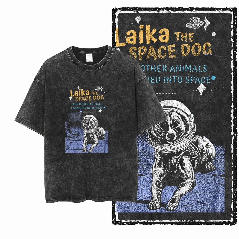 تي شيرت Laika The Space DOG مطبوع عليه رسومات هيب هوب مغسولة ملابس الشارع للجنسين تي شيرت رائع عتيق للرجال والنساء تي شيرت قطني بياقة دائرية