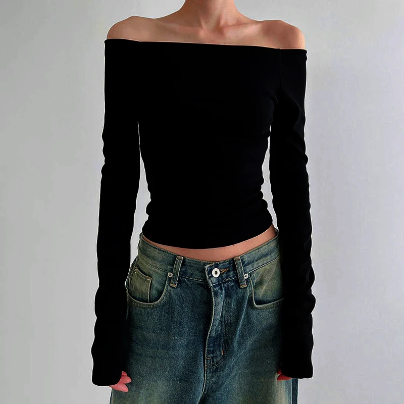 Black Solid Versatile Sexy Slash Neck Elegant Long Sleeve Tops Korean Fashion Slim Cropped T Shirt Women Clothing