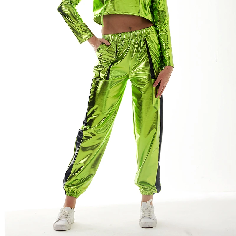 Women Shiny Patchwork Joggers Trousers Metallic Sweatpants Party Hip Hop Pants Holographic Jazz Dance Performance Street Wear
