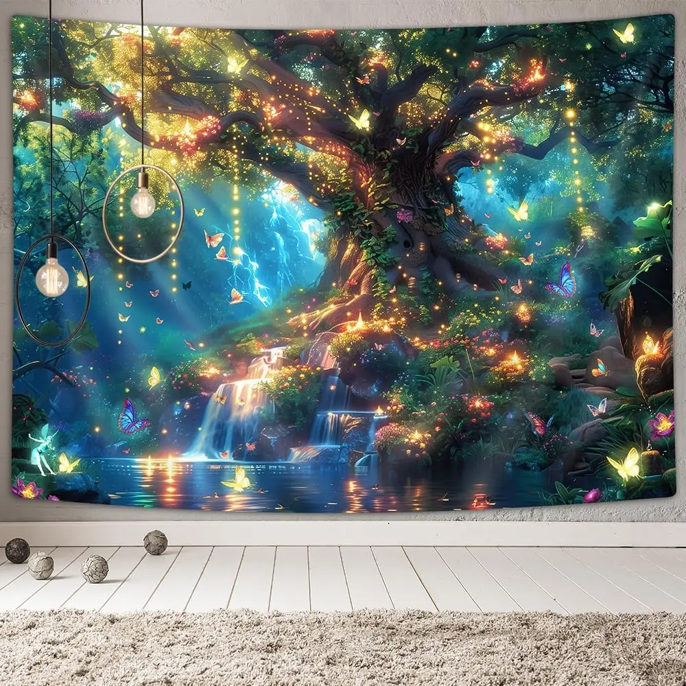 Fantasy Forest Tree Butterfly Wall Hanging, Fairy Magical Enchanted Jungle Waterfall Mushroom Tapestry for Bedroom Living Room