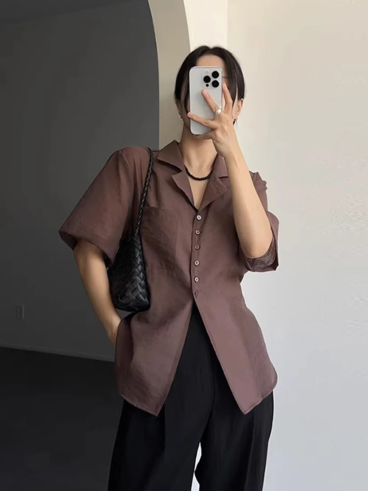 

Women's Vintage irt with Side Tie Waist Cinching Suit Collar Translucent Summer New Design Versatile Top Commute Sle