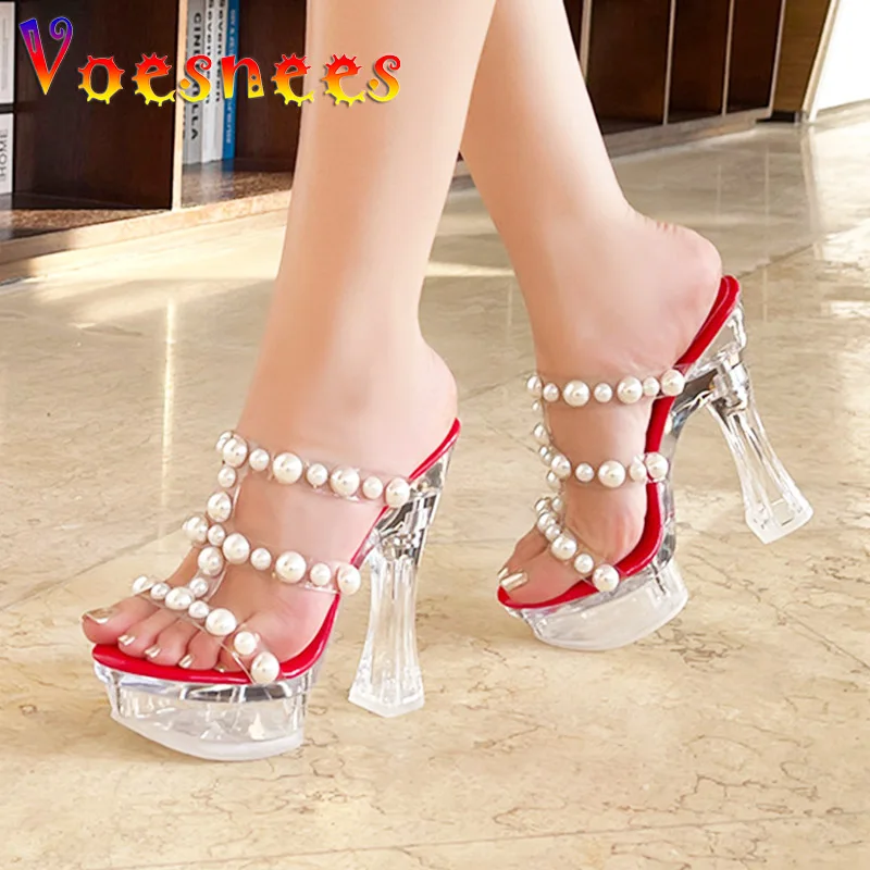 

Plus Size 43 Women Slippers Transparent PVC Sexy Hollow Out Sandals 14CM Pearl High Heels Summer New Wedding Party Shoes Mujer