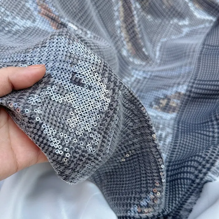 Black Gray Plaid Sequin Embroidery Opaque Fabric Designer Fabric for dresses shirts designer apparel Modern Atelier Development