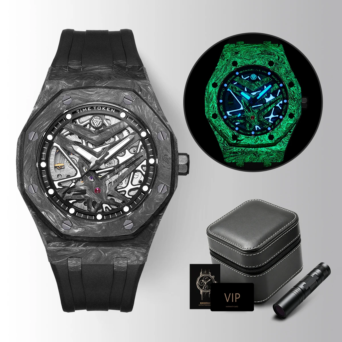 TIME TOKEN Carbon Fiber Automatic Mechanical Watch Men Skeleton Luminous Dial Sapphire 100M Waterproof Sport Men Wristwatch T577