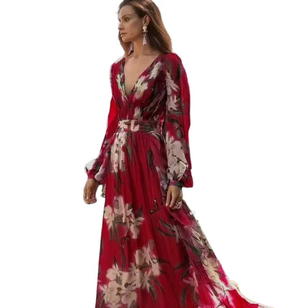 

Women's Sexy Dress With Fashionable Print V-neck Long Sleeved Strap High Waist Spring Summer Big Swing Jumpsuit Long Skirt