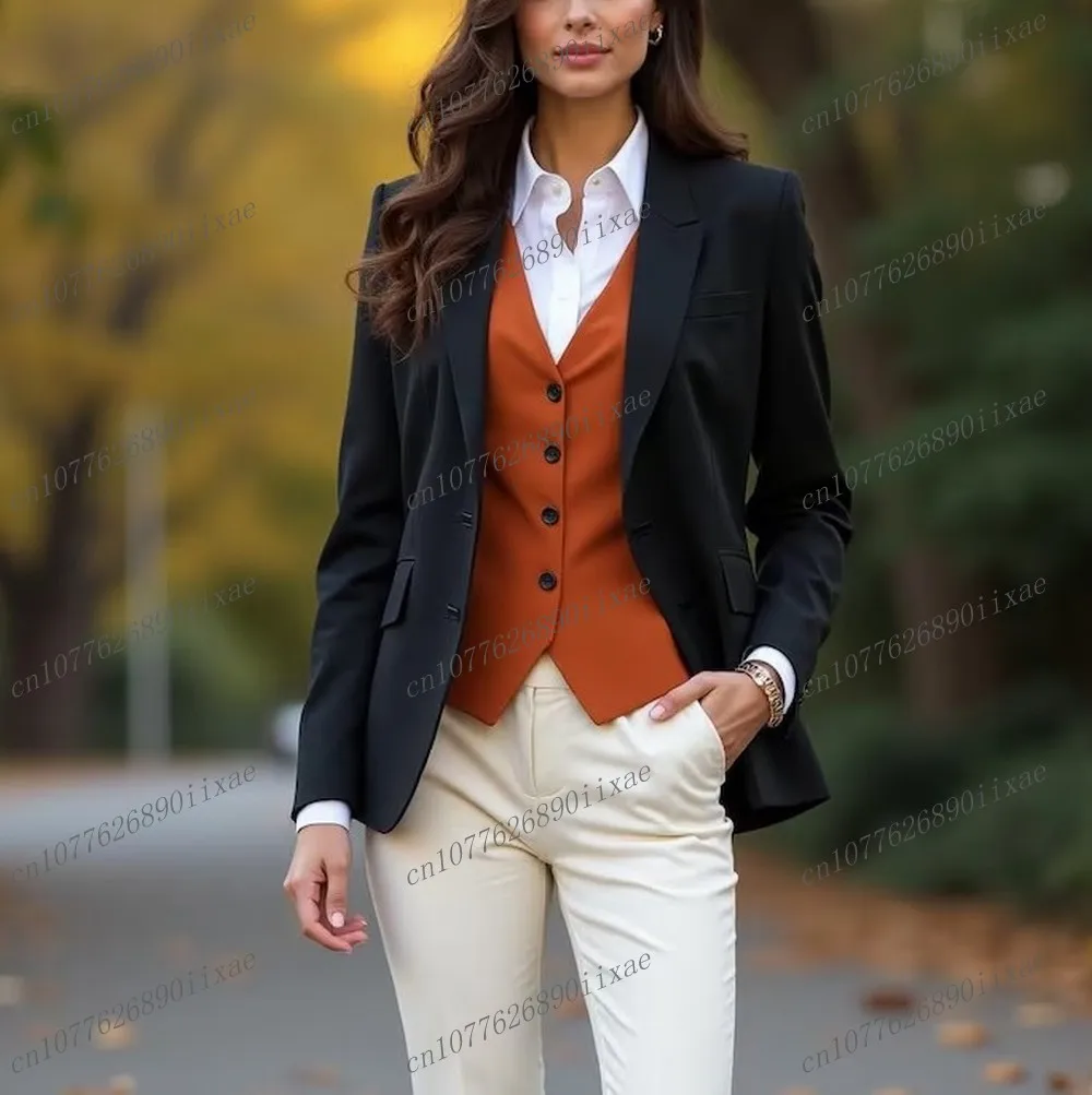 

New White Black Orange Women Suits Lady Business Office Tuxedos Mother Wedding Party Formal Ladies 3 Piece Set Jacket Vest Pants