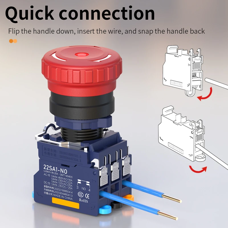 LANBOO 22MM SA1 Series with LED 25A High Current Plastic Mushroom Button Emergency Stop Switch 1NO1NC 2NC Quick Plug