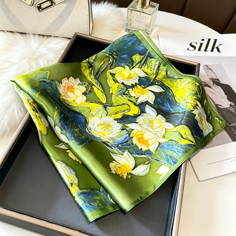 

New Oil Painting Wind Green Fashion Flower Elegant Versatile Square Scarf Silk Decorative Neck Scarf Mulberry Silk Silk Scarf