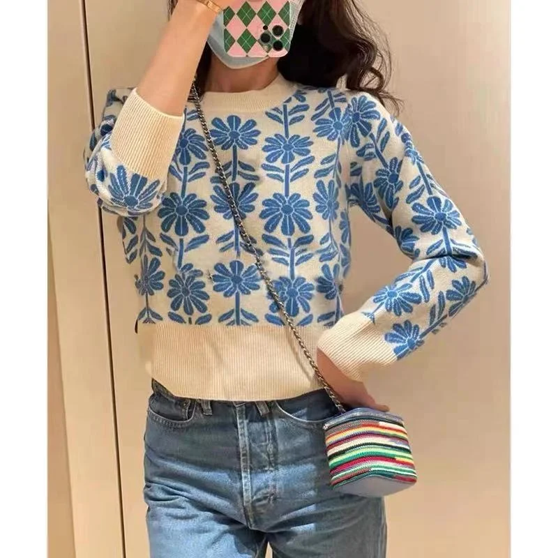 

Женский трикотажный жаккардовый пуловер с круглым вырезом и длинным рукавом