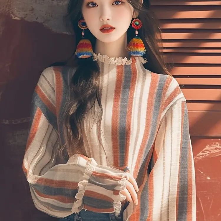 

Fringed Stripe Long Sleeve Shirt Chic Korean Style Top