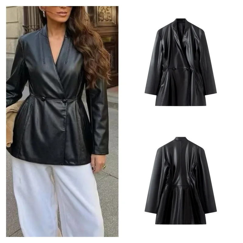 2026 Fall Minimalist Black Faux Leather Long Sleeve Trench Coat Women Pleated Decorative Jacket