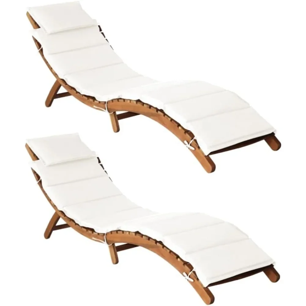 Sun Loungers with Cushions,Modern Style, Cream White, Solid Acacia Hardwood,Foldable and Portable,Ideal for Garden or Patio