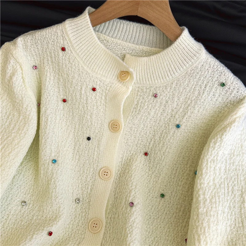 Cárdigan de punto con diamantes coloridos y cuello redondo para mujer, suéter elegante francés suave con una botonadura, prendas de vestir exteriores, Tops sueltos, moda de otoño