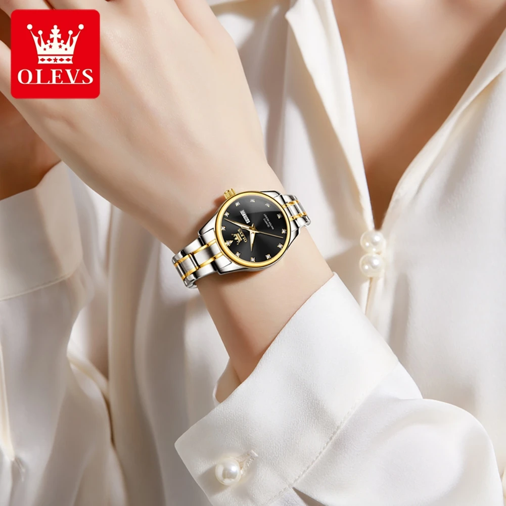 OLEVS 3612 Original Elegant Quartz Ladies Watch Week Calendar Display Dress Watch For Women Waterproof Stainless Steel Clock