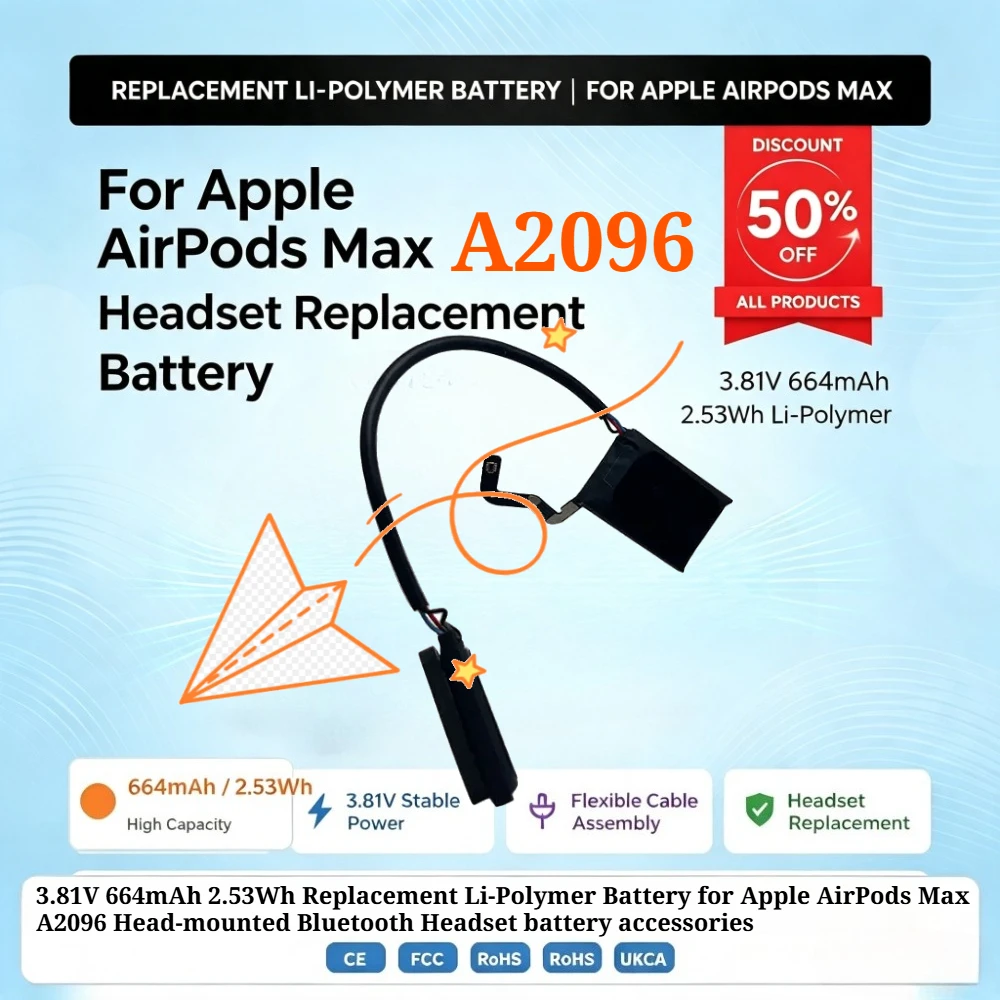 3.81V 664mAh 2.53Wh Replacement Li-Polymer Battery for Apple Air Pods Max A2096 Head-mounted Bluetooth Headset battery accessory