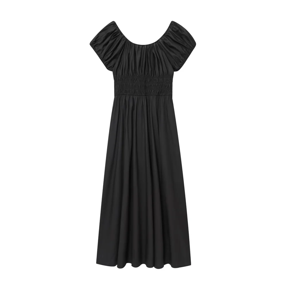 Jesienna nowa kolekcja odzieży damskiej, francuski styl retro, prosty krój, sznurowana, z krótkim rękawem, jednolita, z elastyczną talią, długa sukienka.