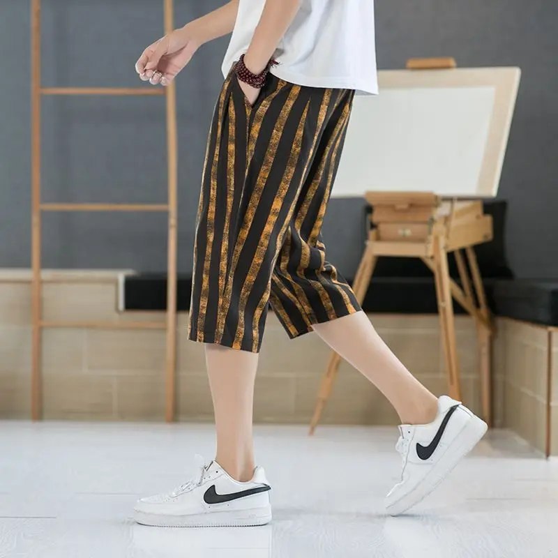 Trend Fashion Versatile Summer New Men\'s Elastic Waist Drawstring Striped Printing Chinese Style Loose Knee Lengt Board Shorts