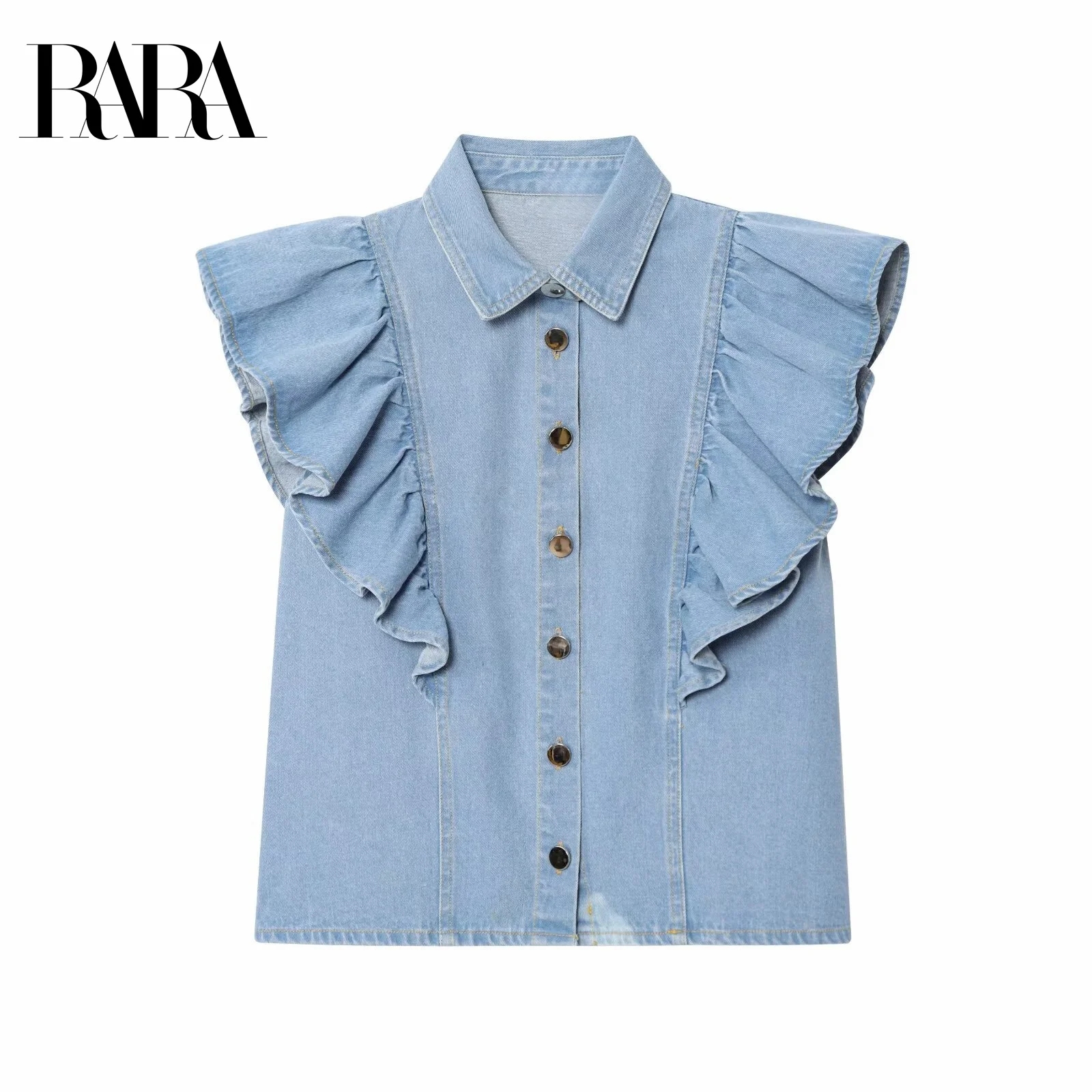 

RARA2025 Womens Summer New Style Ruffle Shoulder Decor Casual Elegant Lapel Sleeveless Denim Short Shirt