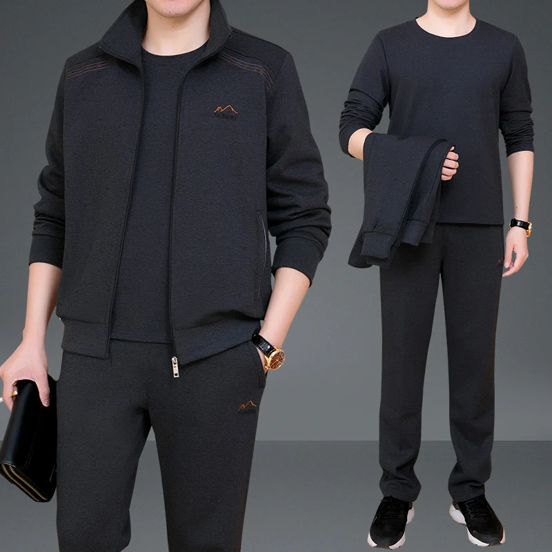 

Мужской спортивный костюм для папы: повседневный комплект для бега из трех предметов (футболка, брюки, куртка) для весны, лета и осени, с длинным рукавом, из полиэстера, хлопка и эластичного волокна