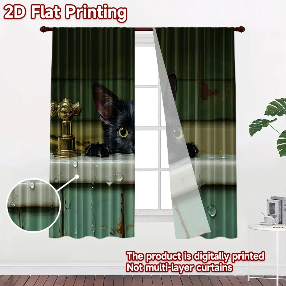 2D flat printing 2pcs Curtain Black Cat Bathing Digital Printed Polyester Drapes Party Decorations for Parties and Everyday use