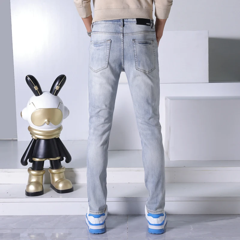 2024 Fashion Men's Design Jeans Men's Patch Ripped Street Cool Stretch Tight Casual Motorcycle Tappered Pants