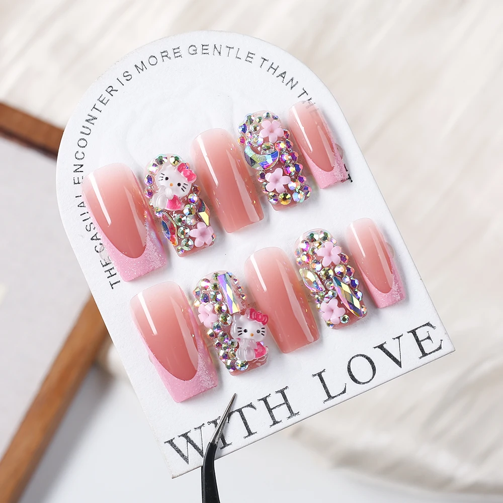 24Pcs Y2K Cartoon Glitter Pink False Nails HelloKitty Press On Nails with Rhinestone/Five-petal Flower French Deisgn for Wedding