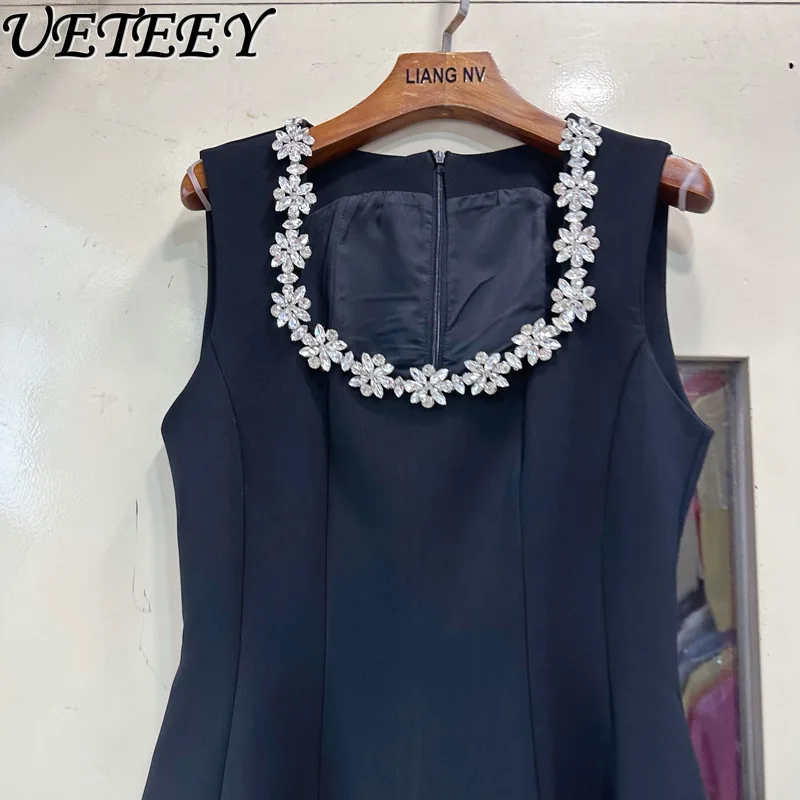 الفرنسية أنيقة ساحة طوق الصناعة الثقيلة مسمار الحفر سترة دون أكمام فستان صيف جديد عالية الخصر حفلة عيد ميلاد فساتين قصيرة