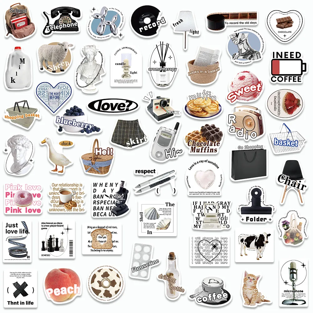 55PCS INS Style Stickers Furniture and Cuisine Decals For Aesthetic Cup Phone Notebook Suitcase Laptop Fridge Wall Stickers