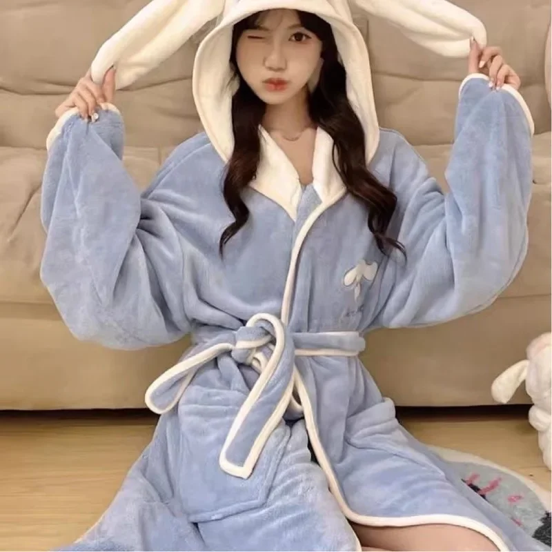 Sanrio Kuromi Cinnamoroll My Melody Pudding Dog Hooded Bathrobe Women Girl Coral Flannel Thickened Cute Cartoon Sleeprobe Pajama